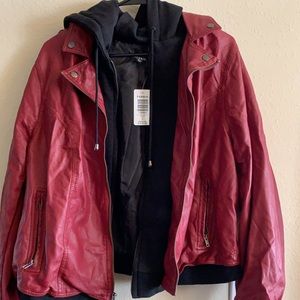 Red leather jacket lined with a black “hoodie”